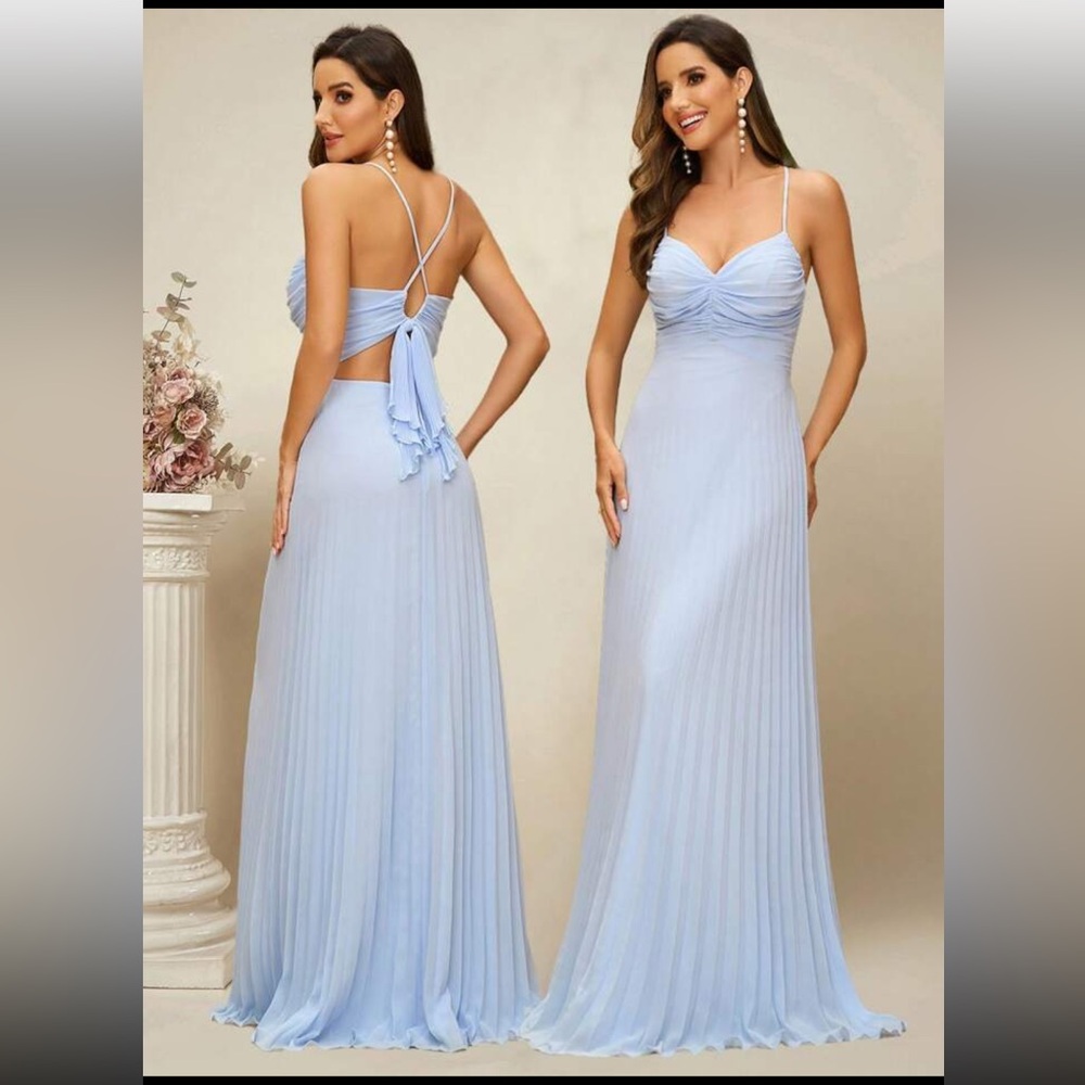 SHEIN Blue Pleated Tie Front Maxi Gown
